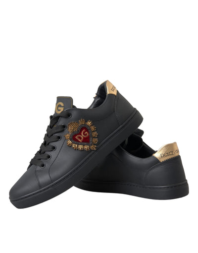 Black Leather Heart Embellished Sneakers Shoes