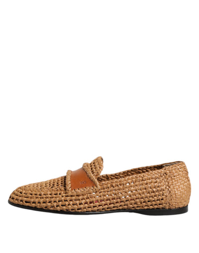 Brown Woven Raffia Slip On Loafers Shoes