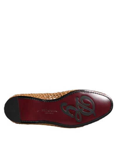 Brown Woven Raffia Slip On Loafers Shoes