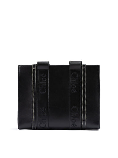 Black Woody Embroidered Logo Leather Medium Tote Bag
