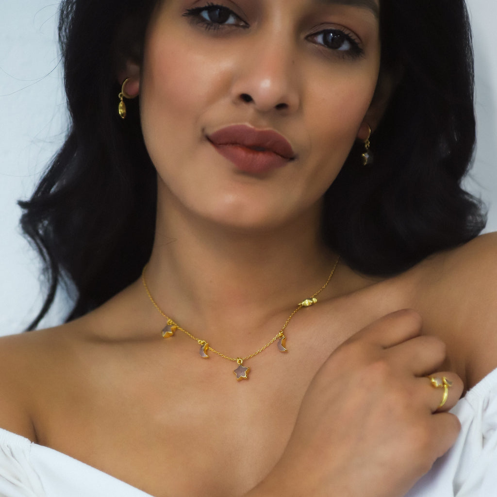 Adela Rose Quartz Star & Moon Charm Necklace | 18k Gold Plated