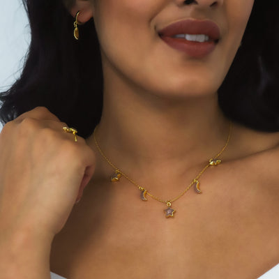 Adela Rose Quartz Star & Moon Charm Necklace | 18k Gold Plated