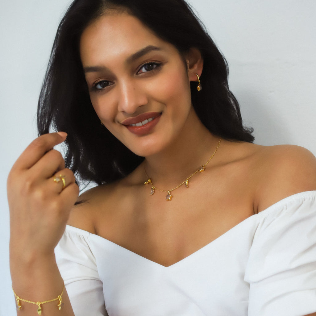 Adela Rose Quartz Star & Moon Charm Necklace | 18k Gold Plated