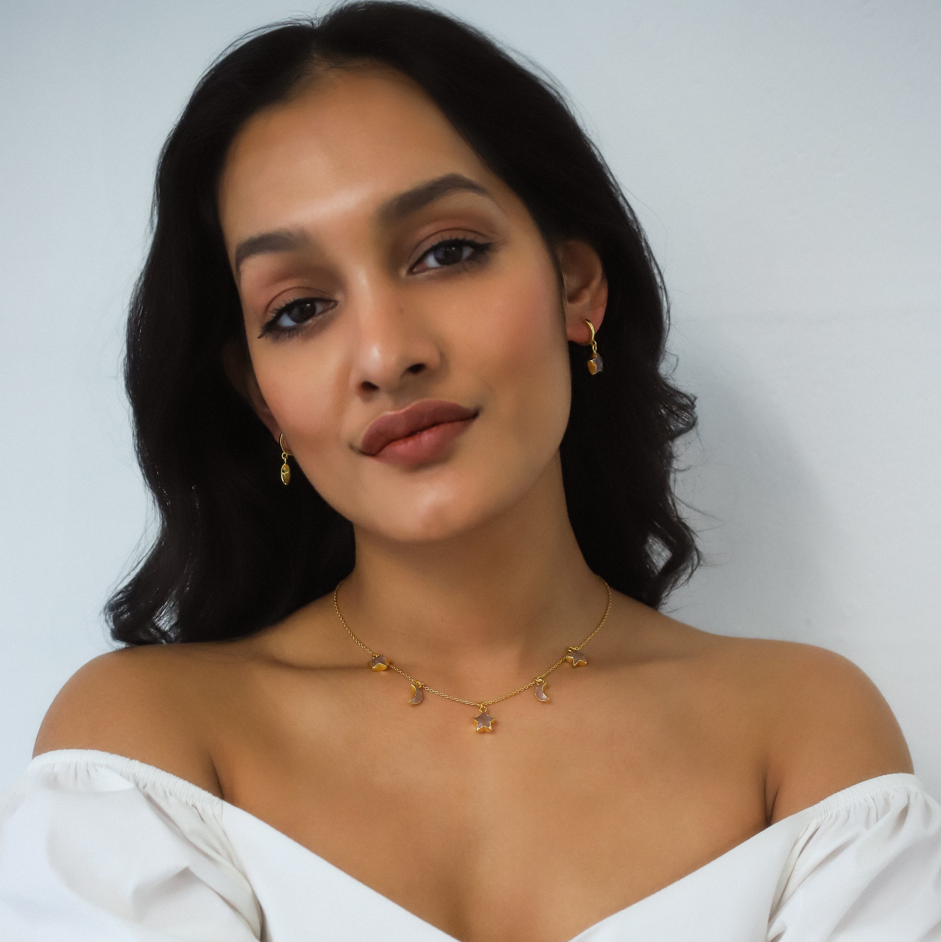 Adela Rose Quartz Star & Moon Charm Necklace | 18k Gold Plated