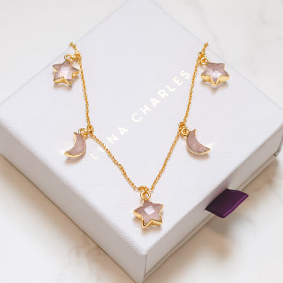 Adela Rose Quartz Star & Moon Charm Necklace | 18k Gold Plated