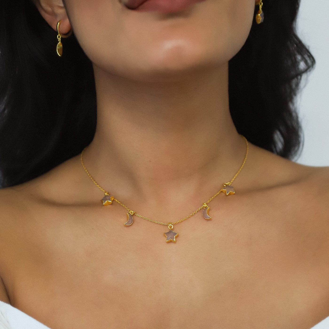 Adela Rose Quartz Star & Moon Charm Necklace | 18k Gold Plated