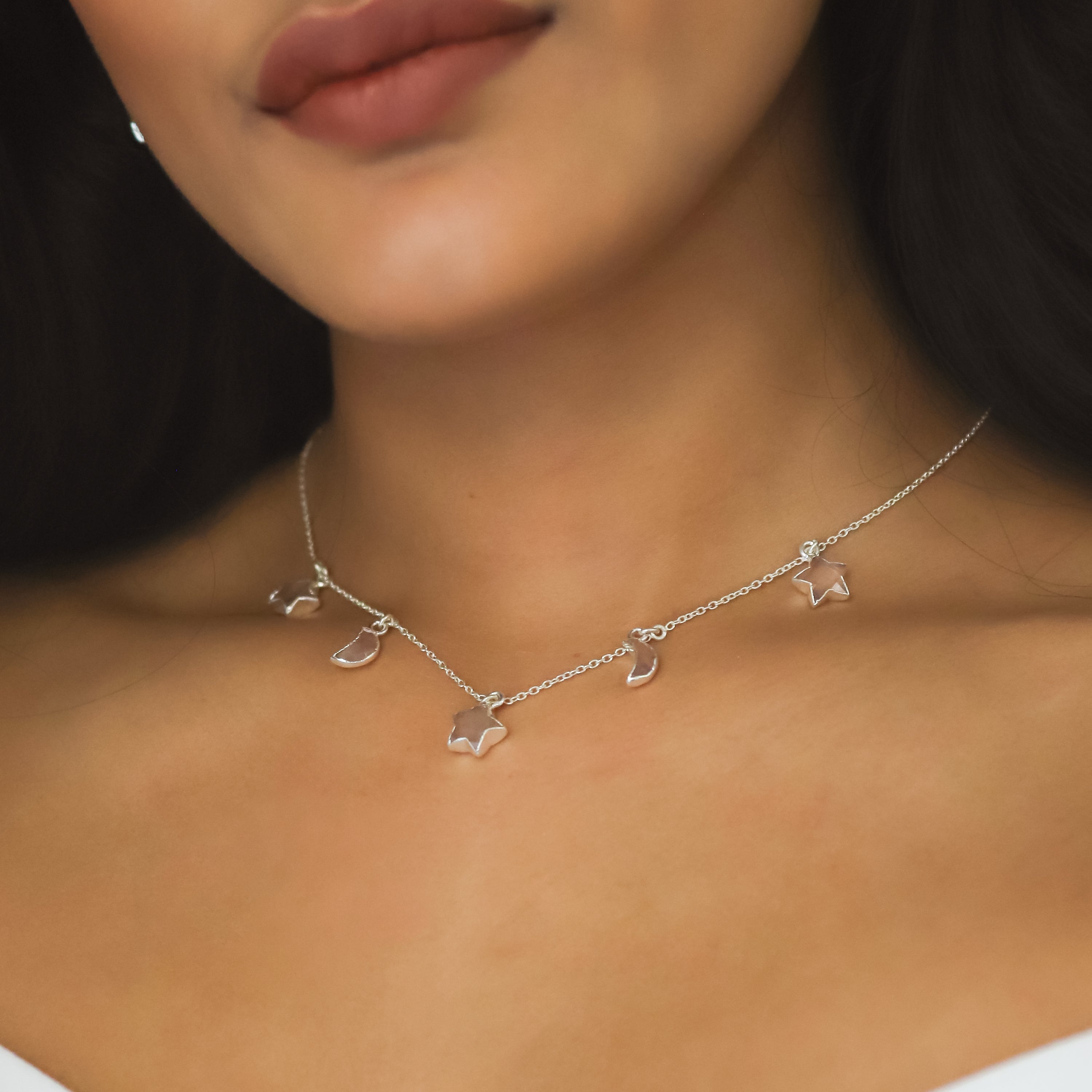 Adela Rose Quartz Star & Moon Charm Necklace | 925 Sterling Silver