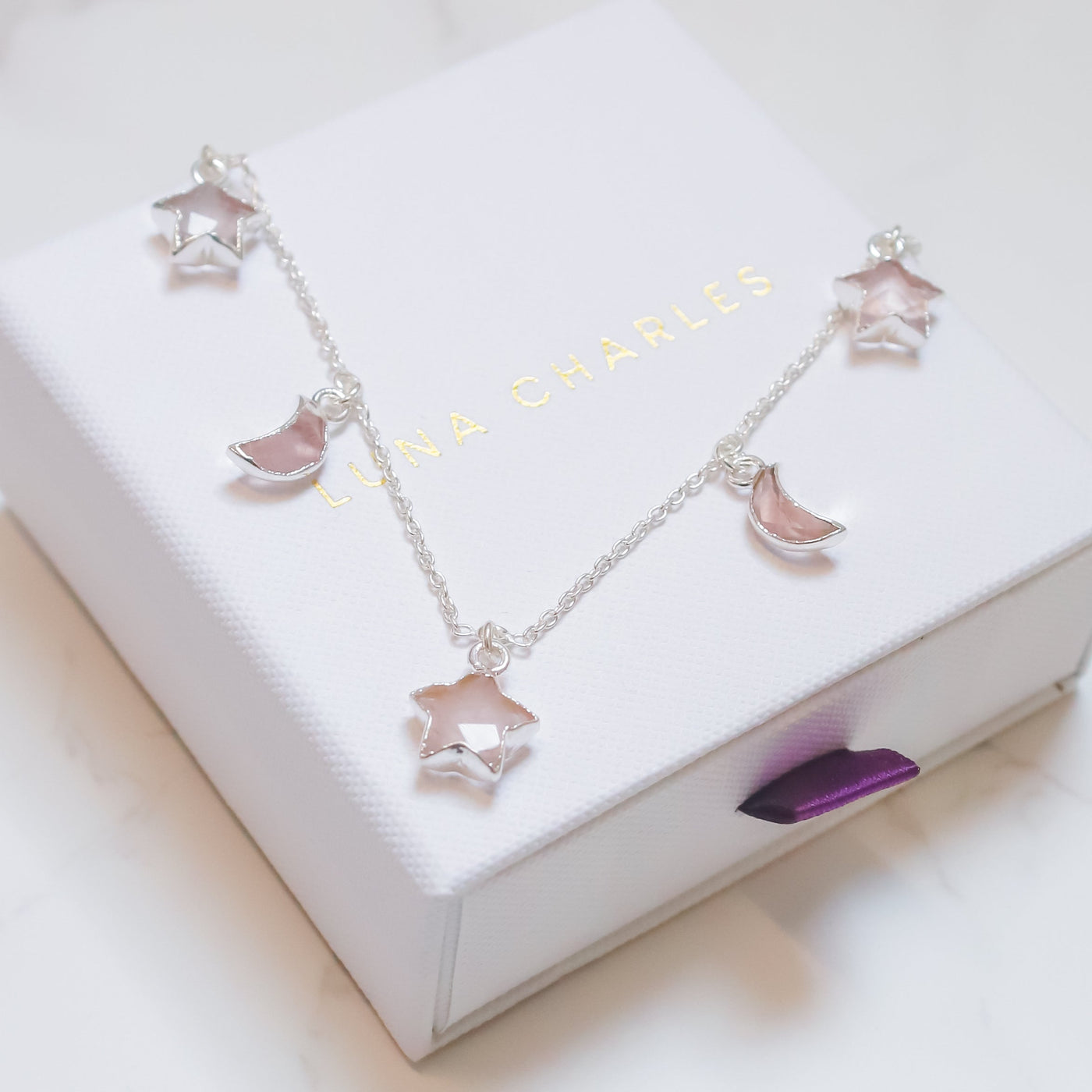 Adela Rose Quartz Star & Moon Charm Necklace | 925 Sterling Silver
