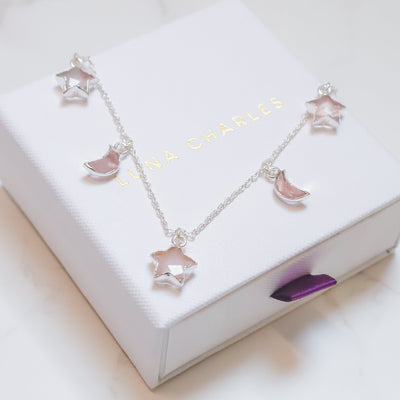 Adela Rose Quartz Star & Moon Charm Necklace | 925 Sterling Silver