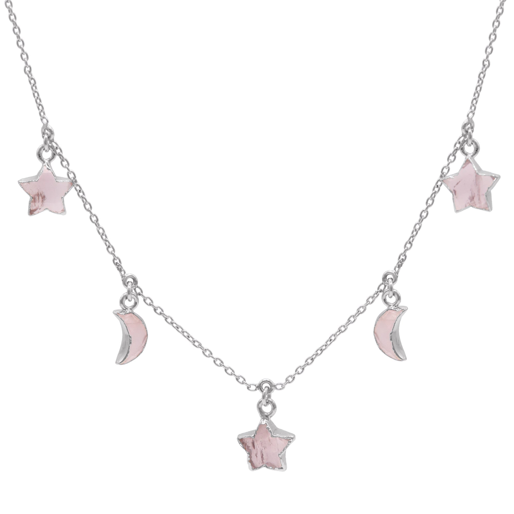 Adela Rose Quartz Star & Moon Charm Necklace | 925 Sterling Silver