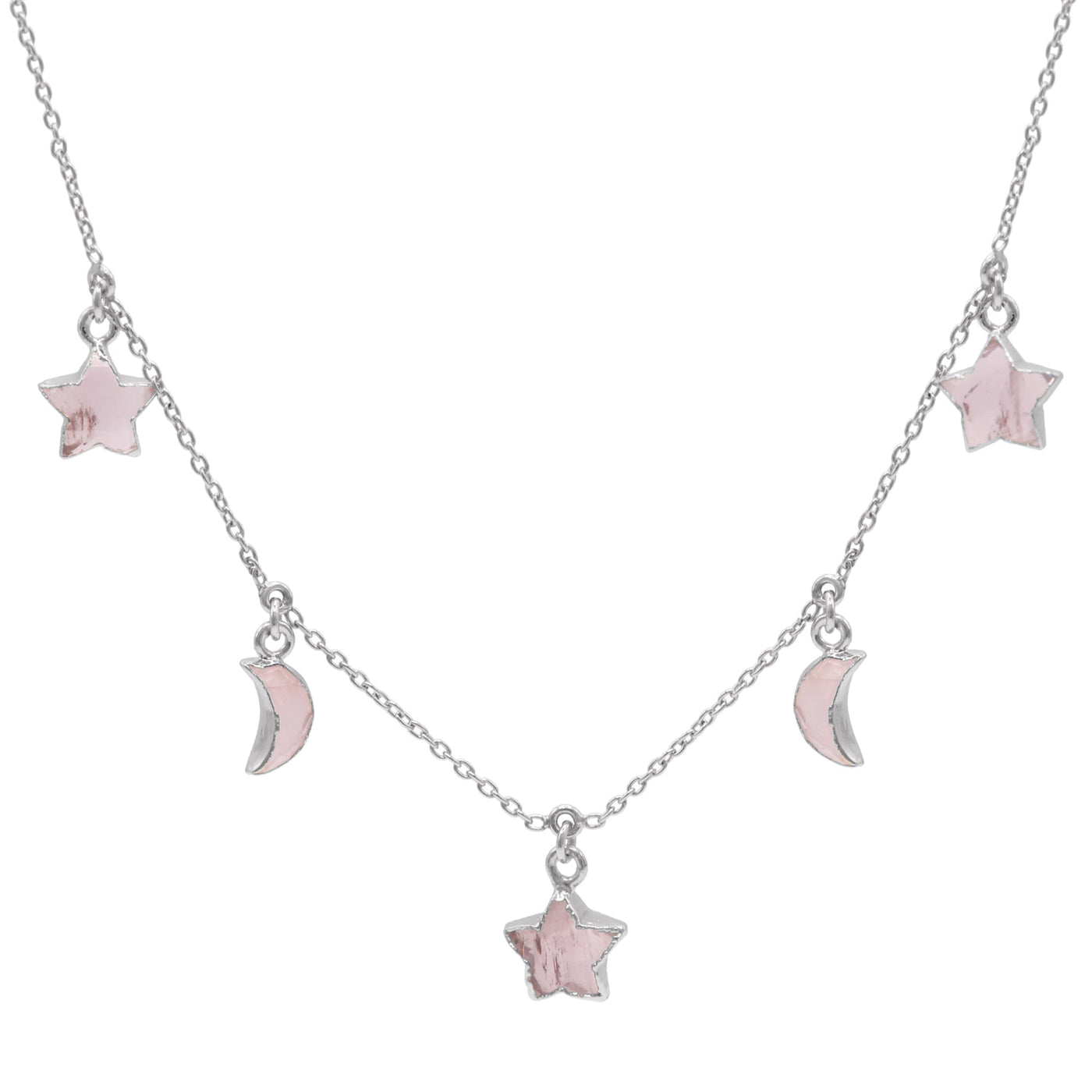 Adela Rose Quartz Star & Moon Charm Necklace | 925 Sterling Silver