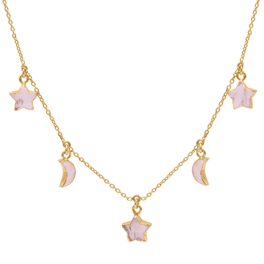 Adela Rose Quartz Star & Moon Charm Necklace | 18k Gold Plated