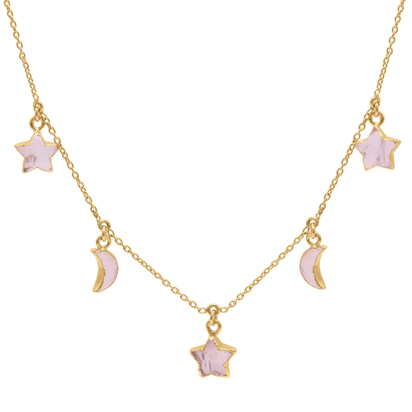 Adela Rose Quartz Star & Moon Charm Necklace | 18k Gold Plated