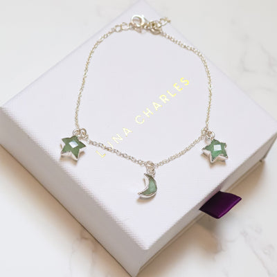 Amelia Aventurine Star & Moon Charm Bracelet | 925 Sterling Silver