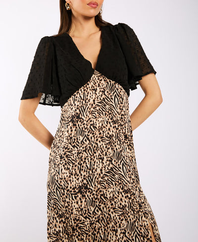 Animal Satin Mix Flutter Sleeve Midi Dress