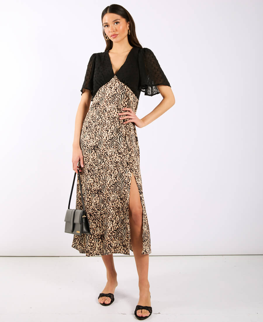 Animal Satin Mix Flutter Sleeve Midi Dress