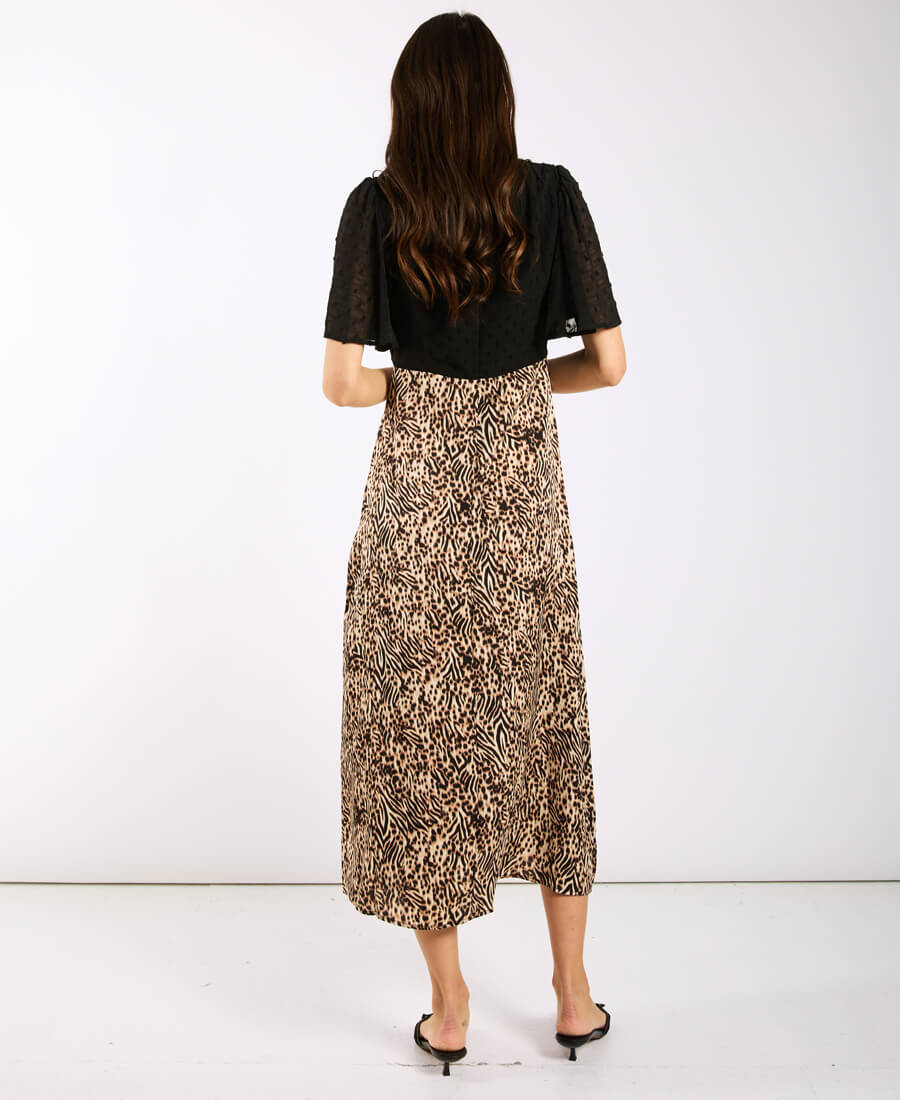 Animal Satin Mix Flutter Sleeve Midi Dress