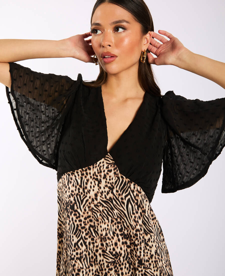 Animal Satin Mix Flutter Sleeve Midi Dress