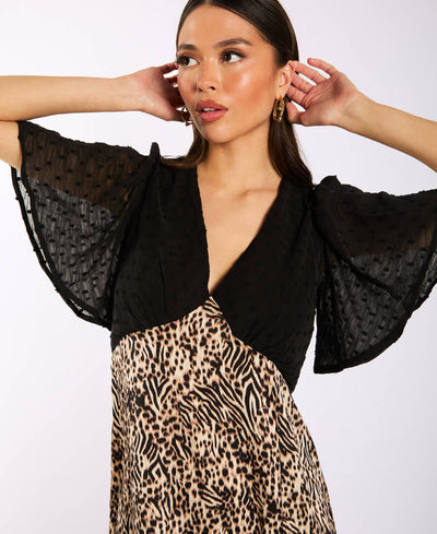 Animal Satin Mix Flutter Sleeve Midi Dress