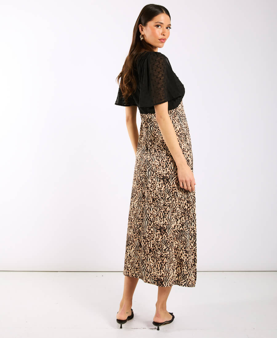 Animal Satin Mix Flutter Sleeve Midi Dress