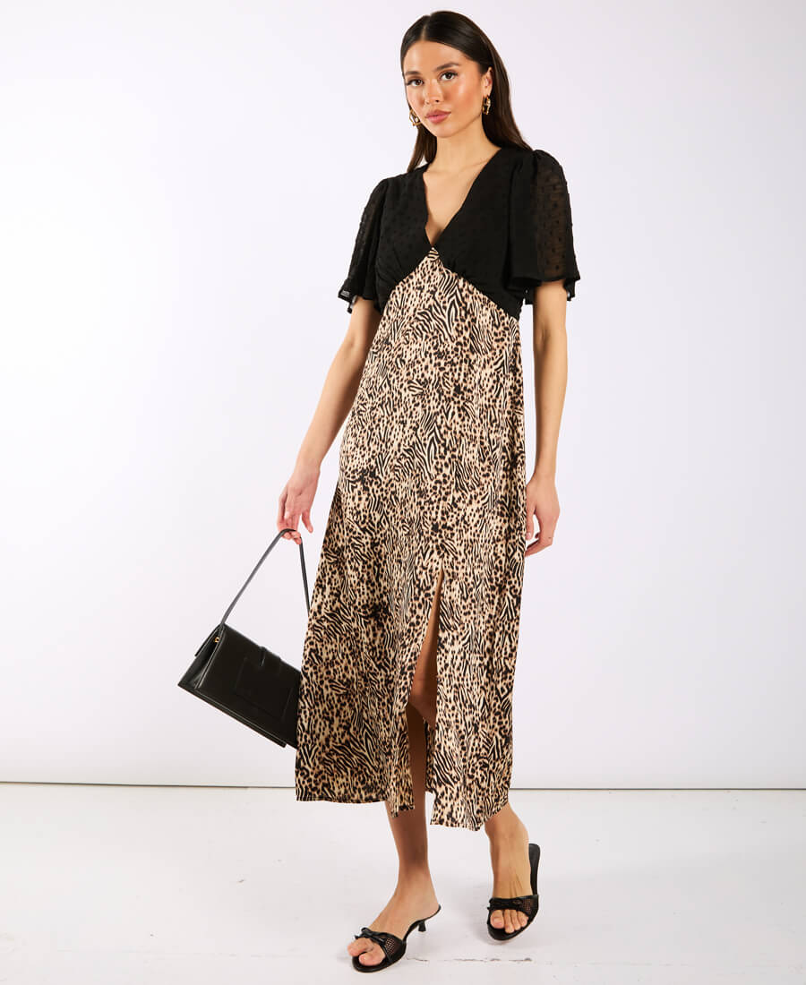 Animal Satin Mix Flutter Sleeve Midi Dress