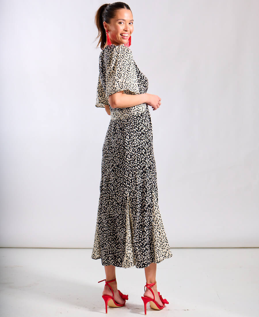 Contrast Animal Satin Midi Occasion Dress