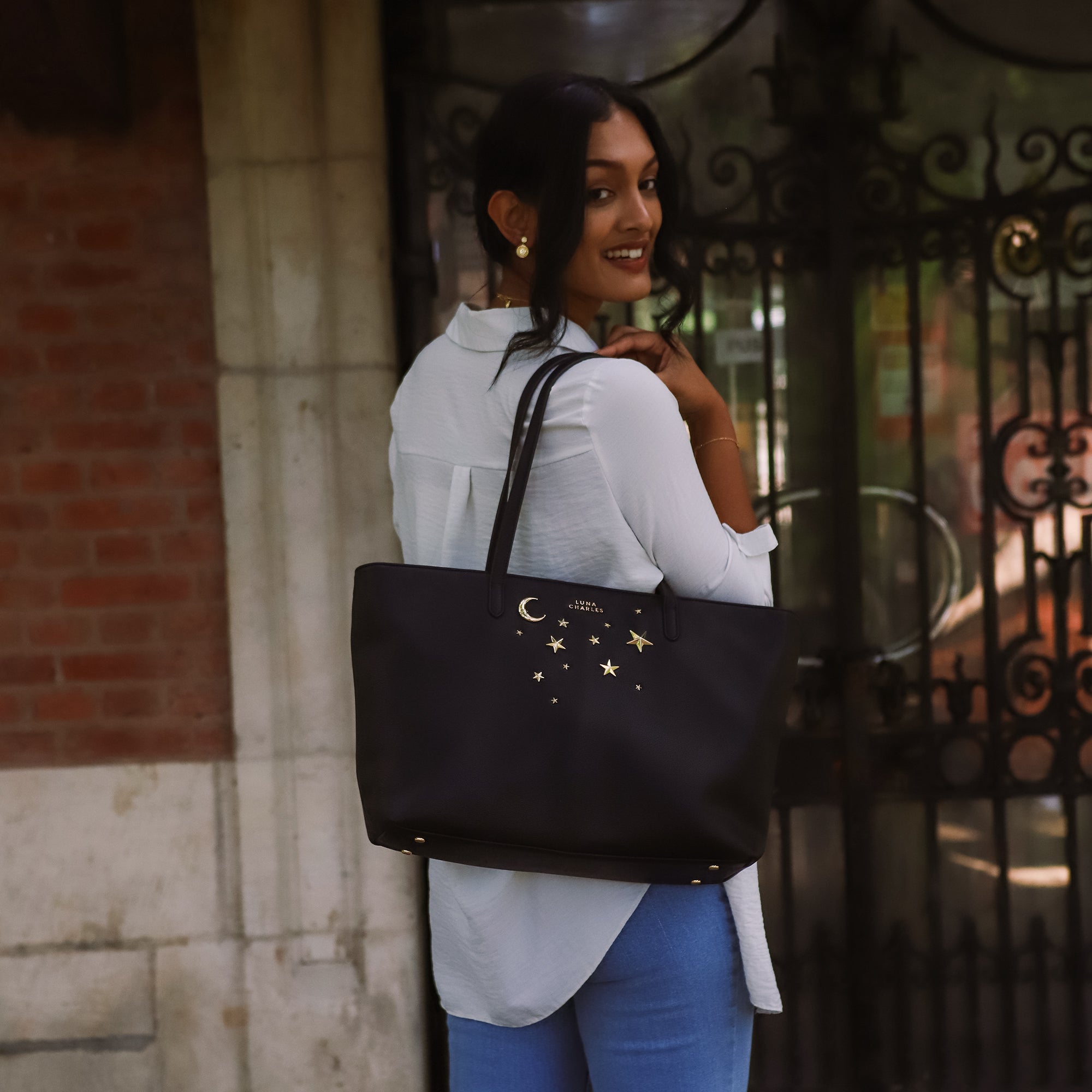 Anya Star Studded Tote Bag - Black & Gold