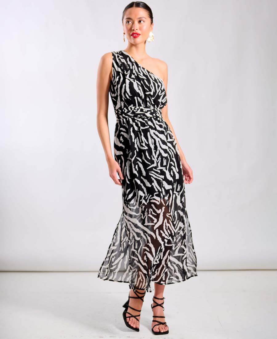 Black Animal One Shoulder Midi Dress