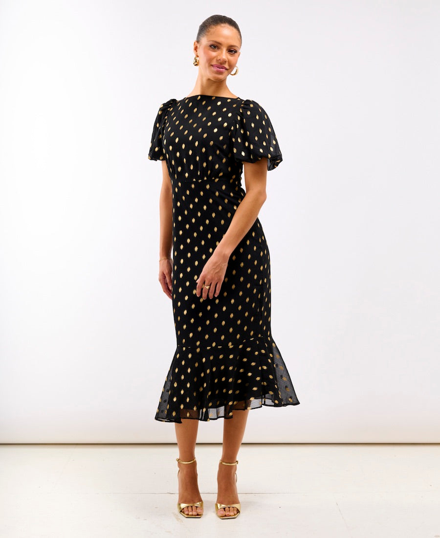 Black Chiffon Foil Puff Sleeve Midi Dress