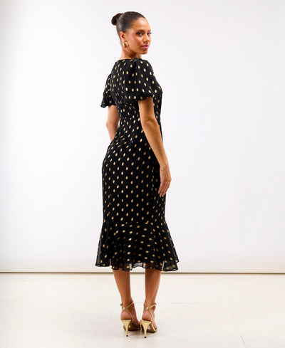 Black Chiffon Foil Puff Sleeve Midi Dress