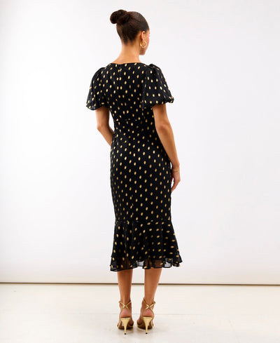 Black Chiffon Foil Puff Sleeve Midi Dress