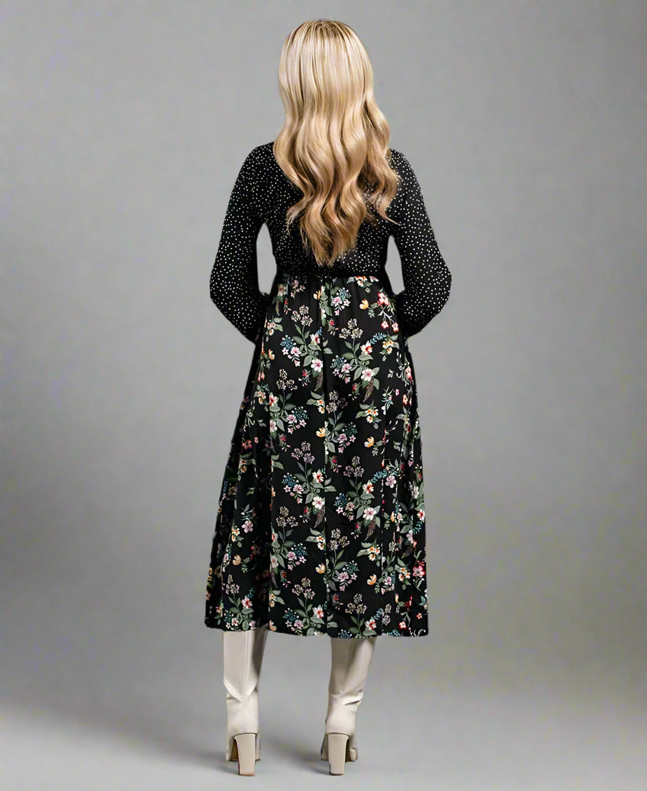 Black Floral Long Sleeve Midi Dress
