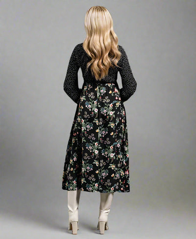 Black Floral Long Sleeve Midi Dress