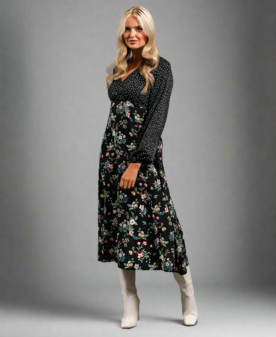 Black Floral Long Sleeve Midi Dress