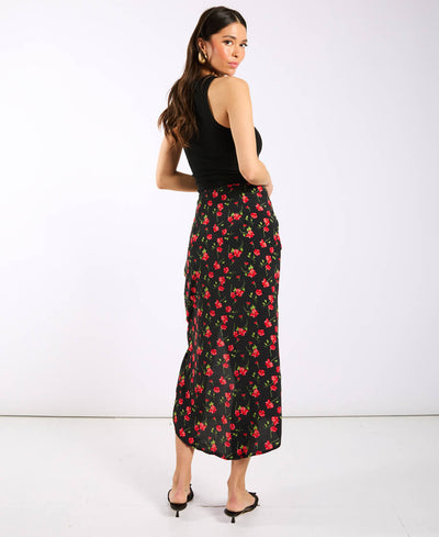 Black Floral Ruche Side Midi Skirt