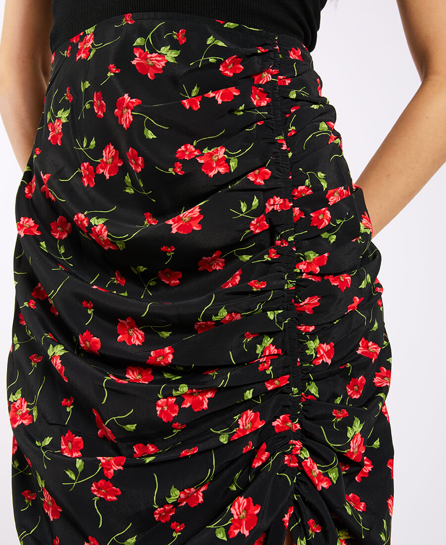 Black Floral Ruche Side Midi Skirt