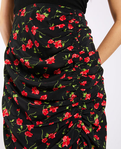 Black Floral Ruche Side Midi Skirt