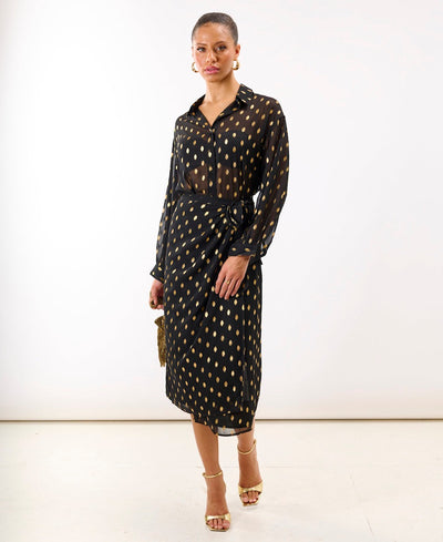 Black Foil Wrap Midi Skirt