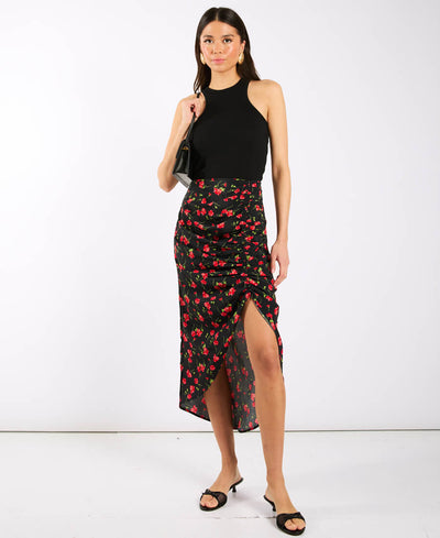 Black Floral Ruche Side Midi Skirt