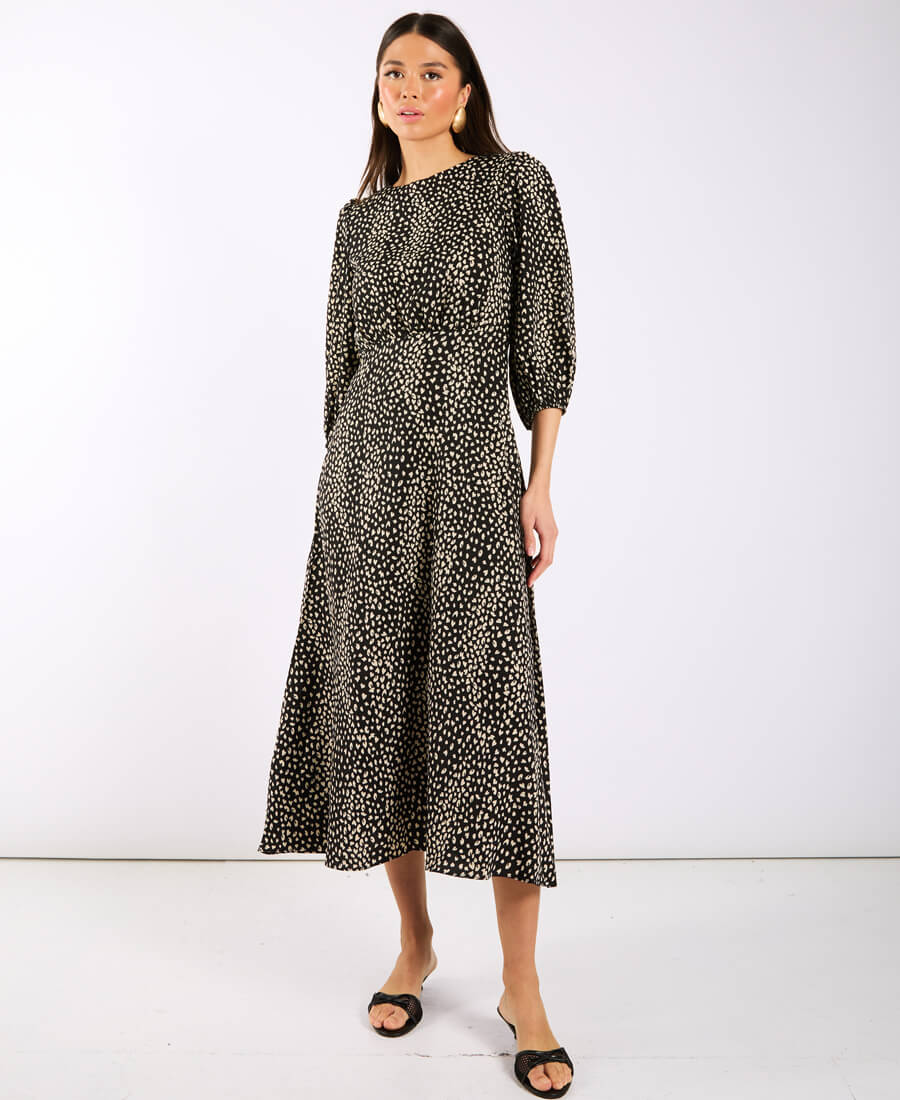 Black Spotty 3/4 Sleeve Midi Dress