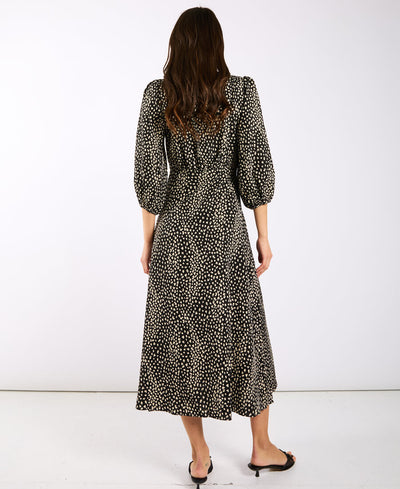 Black Spotty 3/4 Sleeve Midi Dress