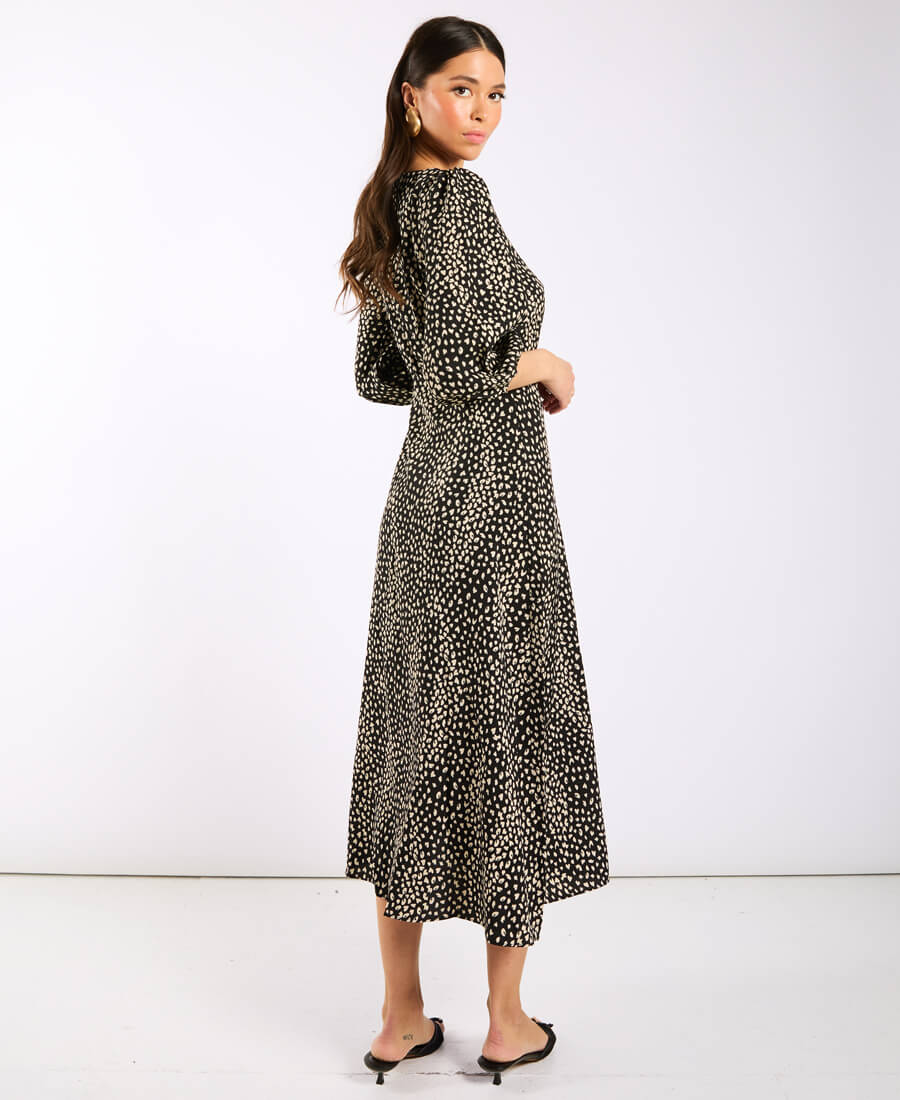 Black Spotty 3/4 Sleeve Midi Dress