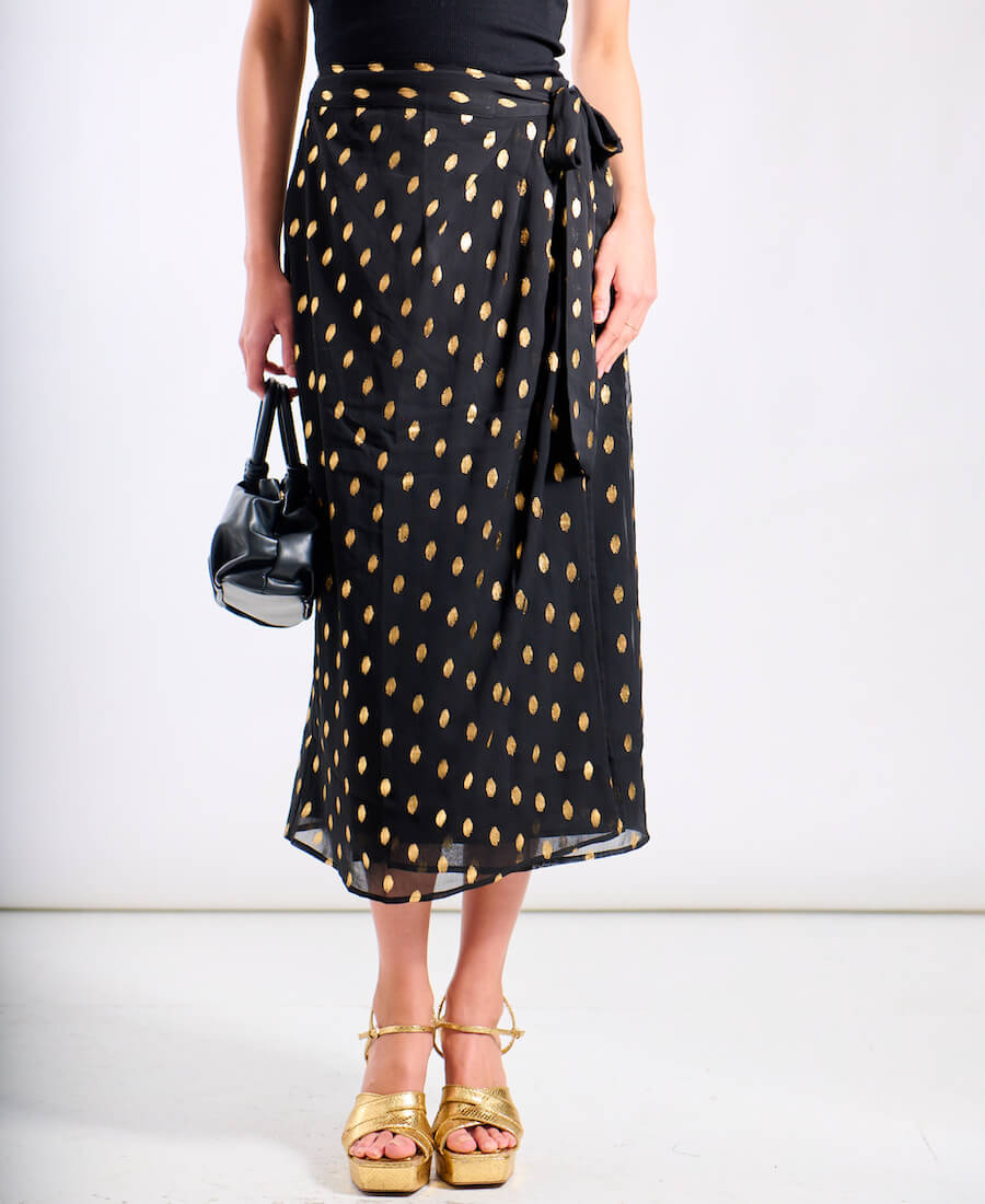 Black Foil Wrap Midi Skirt