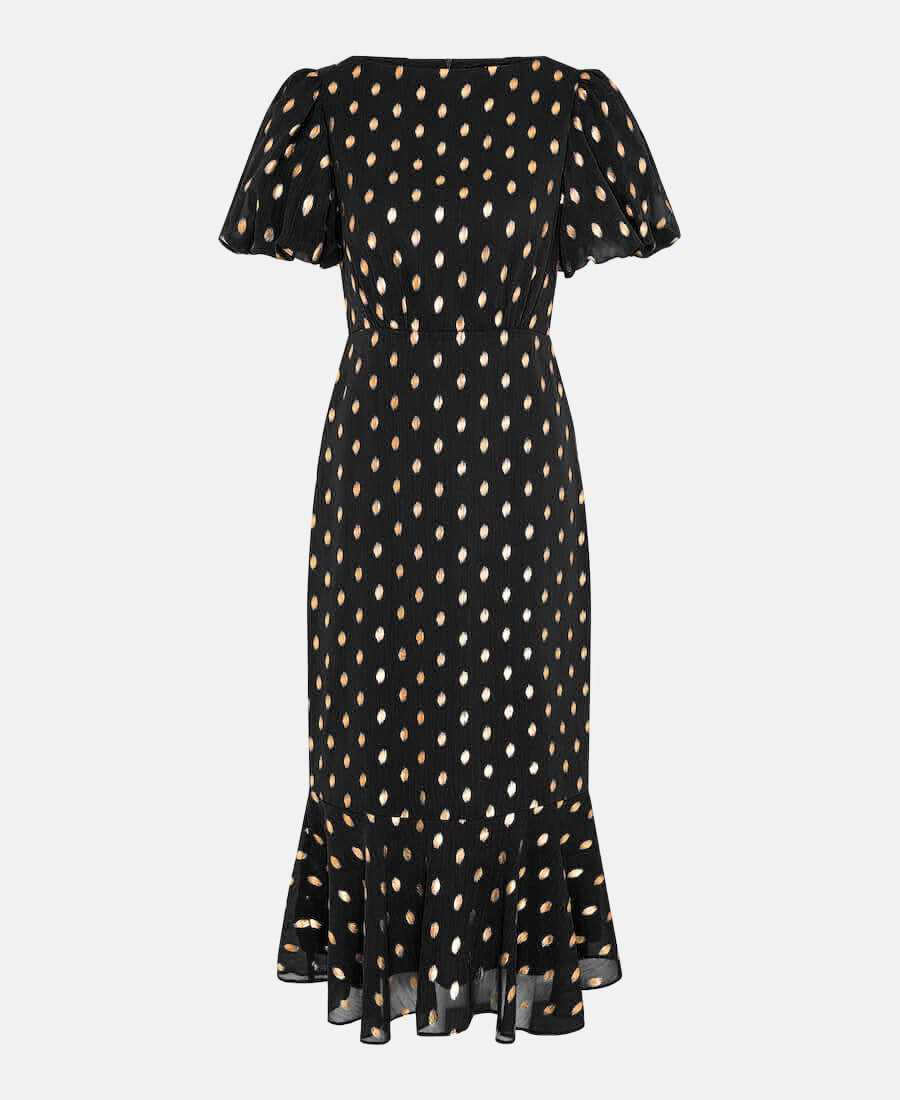 Black Chiffon Foil Puff Sleeve Midi Dress