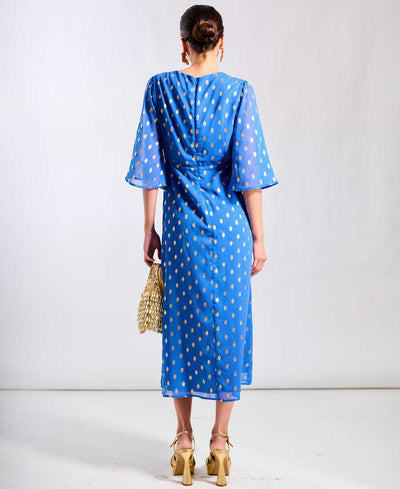 Blue Foil Chiffon Midi Dress