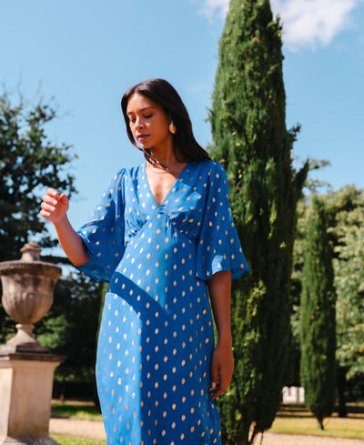 Blue Foil Chiffon Midi Dress