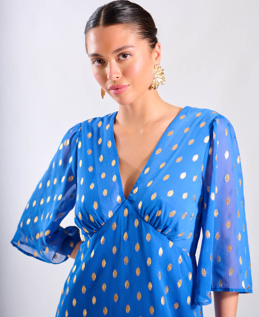 Blue Foil Chiffon Midi Dress