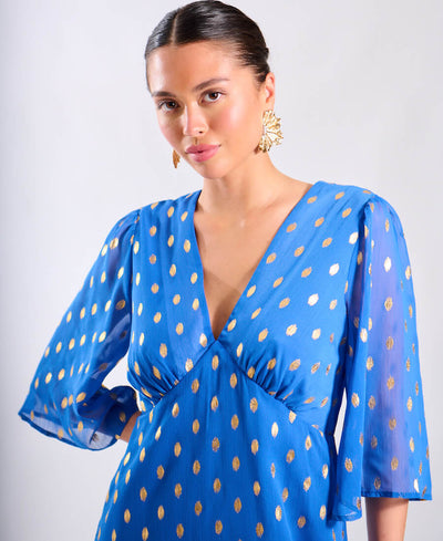 Blue Foil Chiffon Midi Dress
