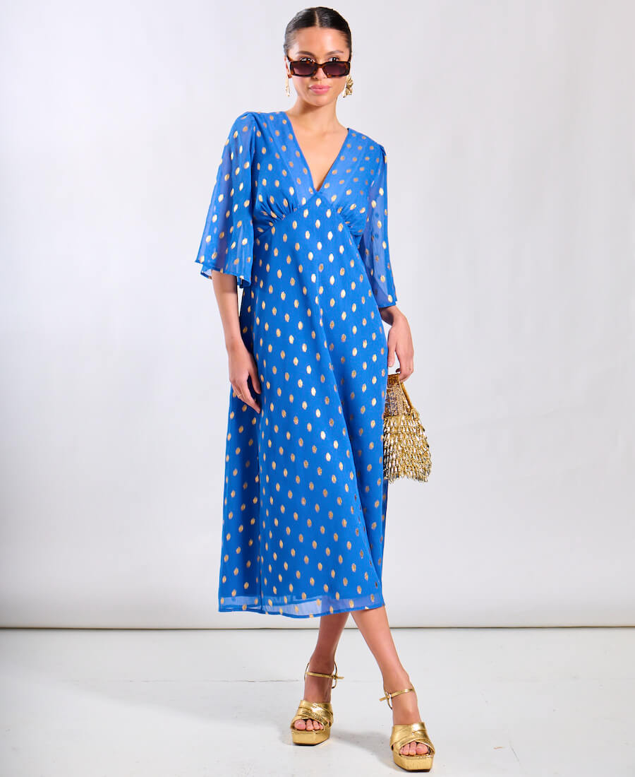 Blue Foil Chiffon Midi Dress