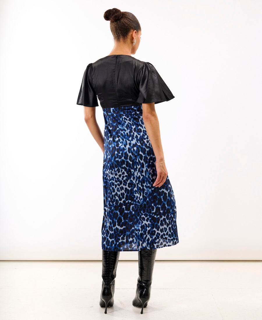 Blue Leopard Printed Satin Midi Dress